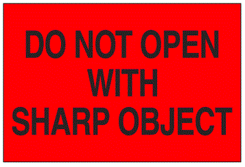 Do Not Open With Sharp Object Fluorescent Red Labels